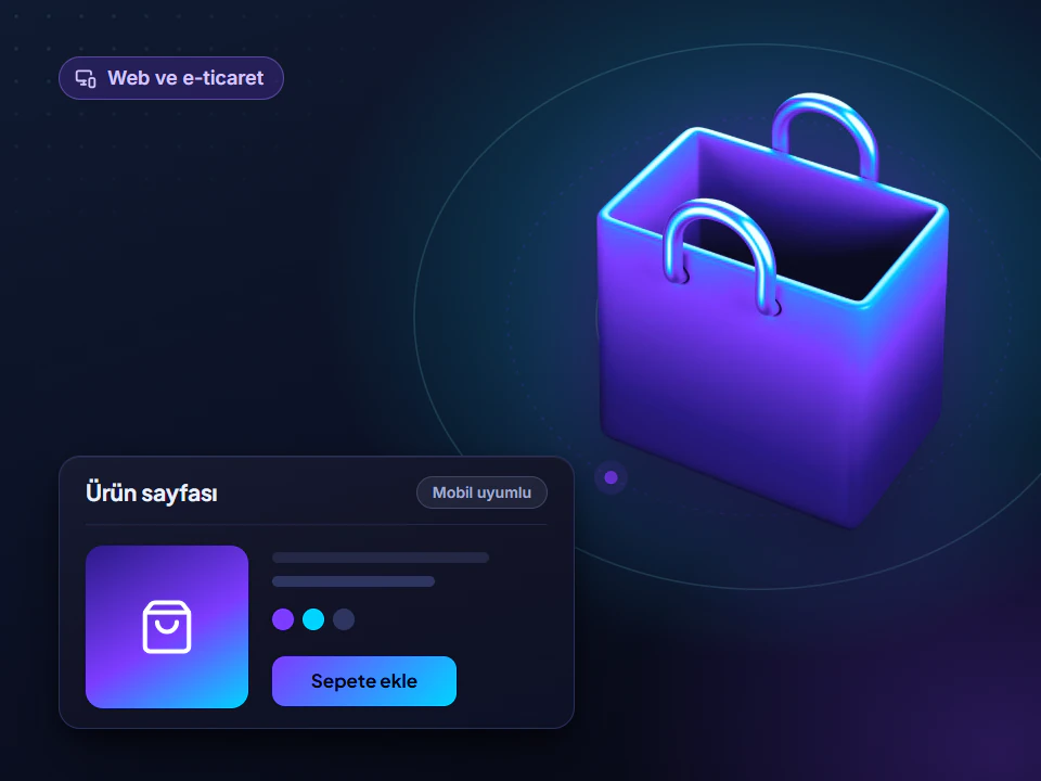 Web sitesi görseli: üç boyutlu alışveriş çantası ve Sepete ekle düğmeli bir ürün sayfası kartı.