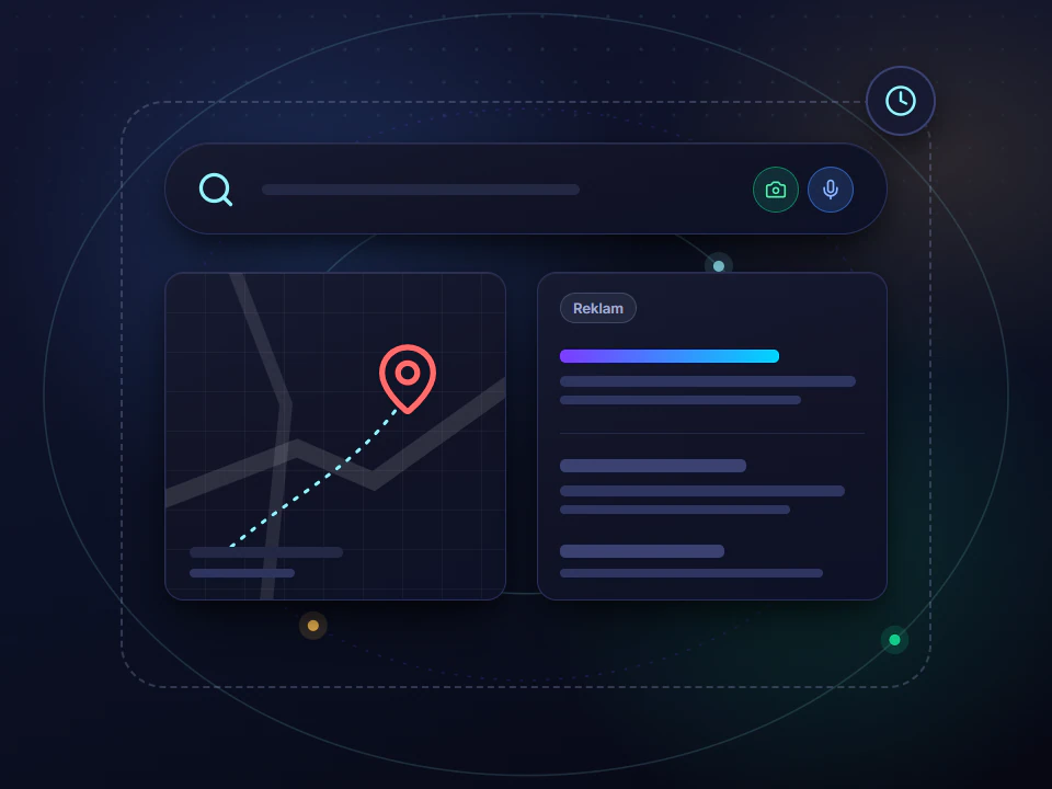 Google reklamları için soyut çizim: arama kutusu, harita kartı ve Reklam etiketli sonuç listesi; kesik çizgili çerçeve ve saat simgesiyle yakında olduğu belirtilir. Platform logosu içermez.