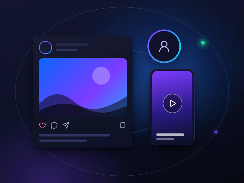 Facebook ve Instagram için soyut çizim: akış gönderisi kartı, hikâye halkası ve dikey video kartı; yeşil canlı gösterge. Platform logosu içermez.
