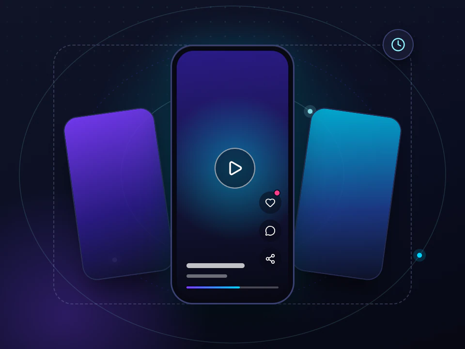 TikTok reklamları için soyut çizim: ortada dikey video telefonu, iki yanında eğik dikey kartlar; kesik çizgili çerçeve ve saat simgesiyle yakında olduğu belirtilir. Platform logosu içermez.